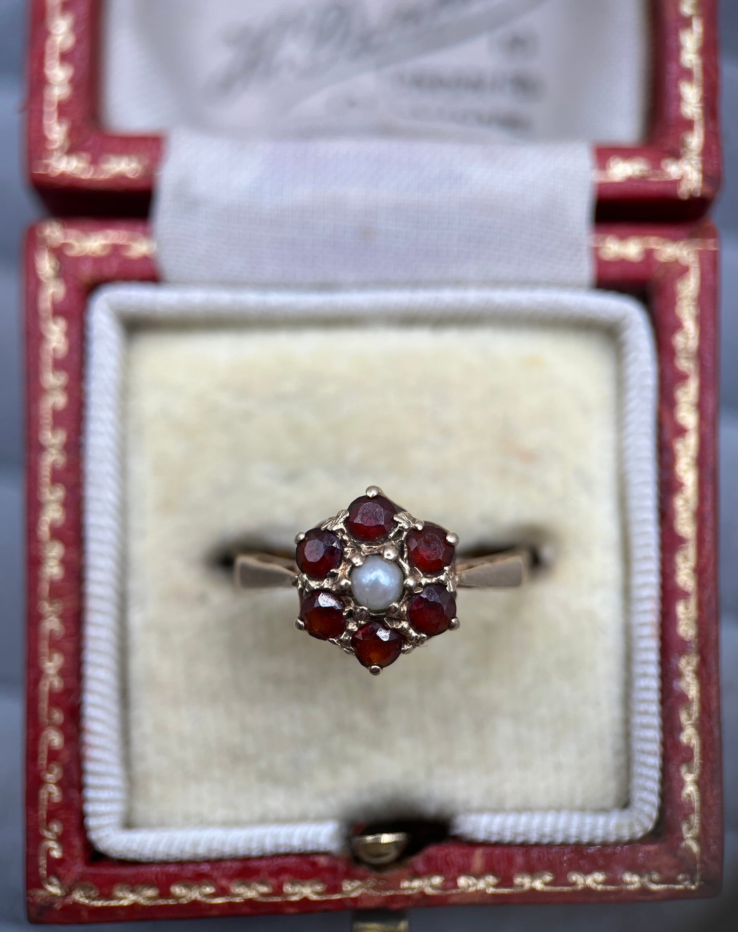 Vintage 9ct Gold Garnet & Pearl Floral Cluster Ring