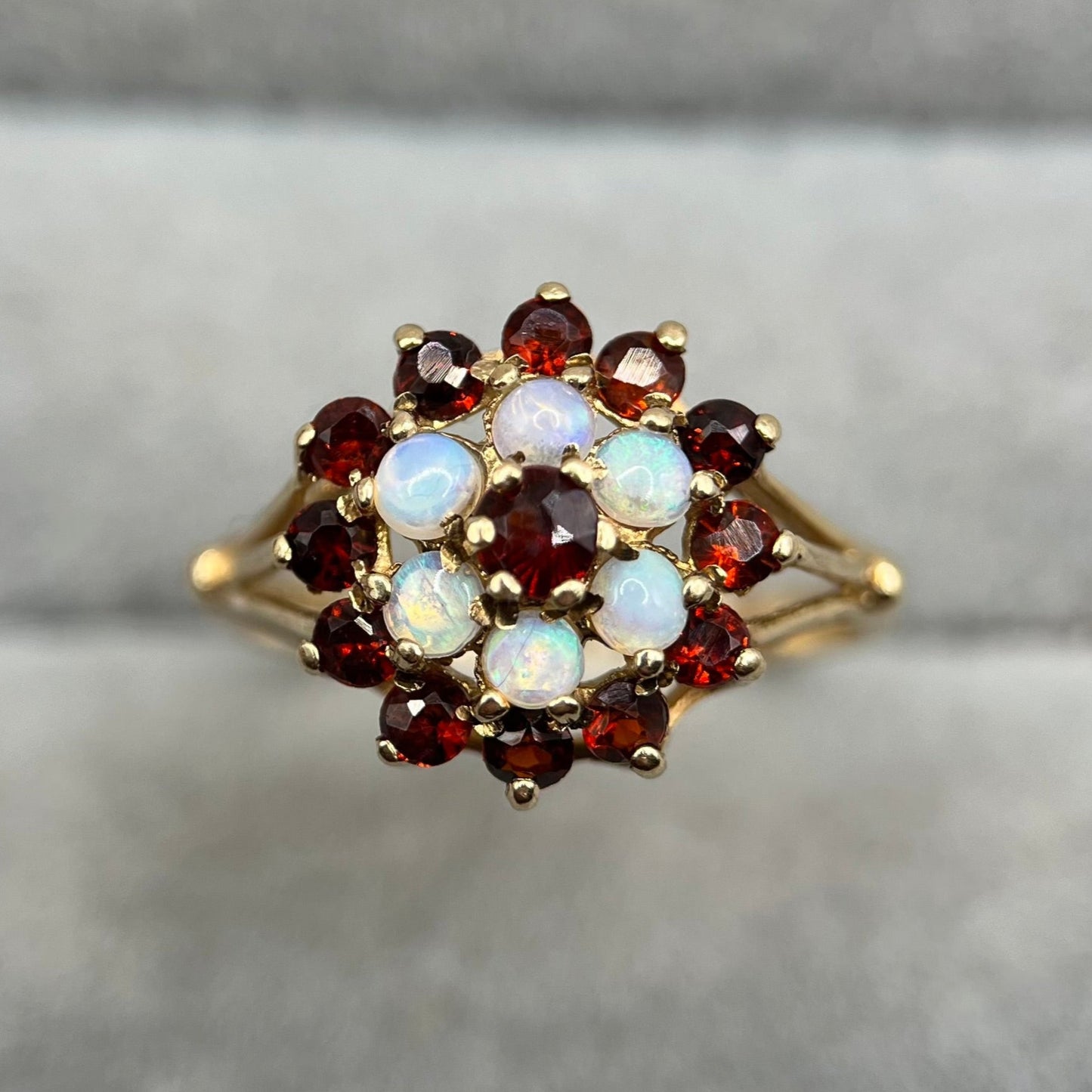 1980s Vintage 9ct Gold Garnet & Opal Cluster Ring