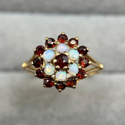 1980s Vintage 9ct Gold Garnet & Opal Cluster Ring