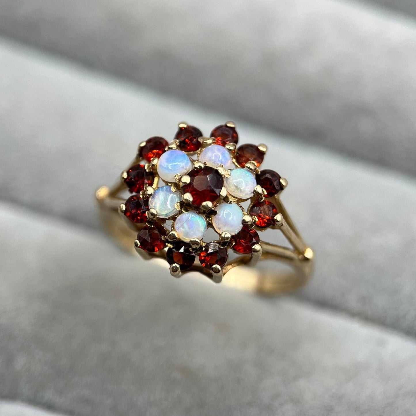 1980s Vintage 9ct Gold Garnet & Opal Cluster Ring