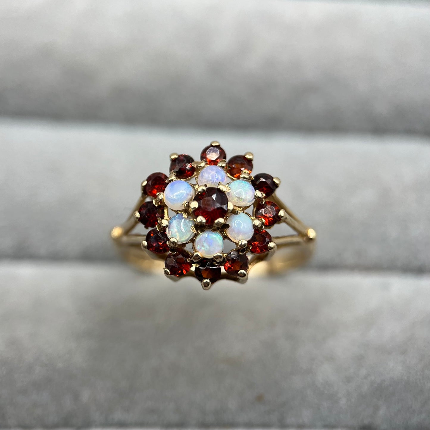 1980s Vintage 9ct Gold Garnet & Opal Cluster Ring