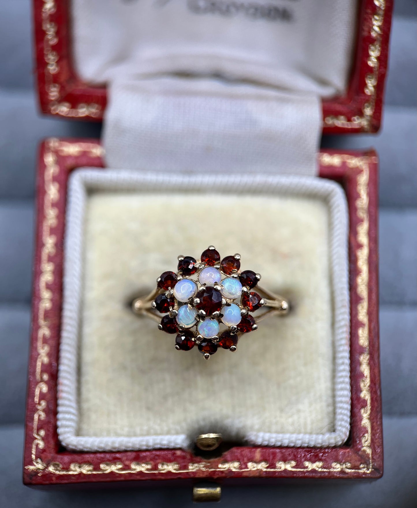 1980s Vintage 9ct Gold Garnet & Opal Cluster Ring