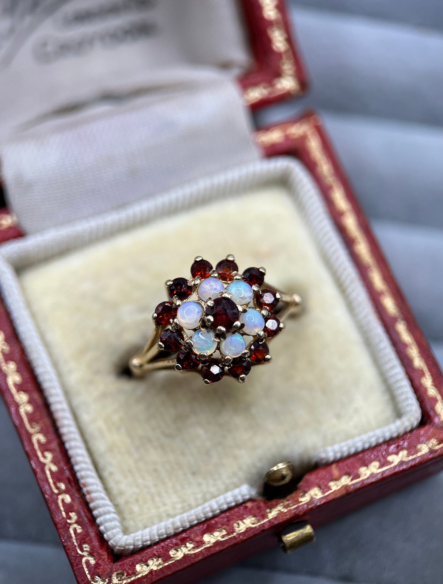 1980s Vintage 9ct Gold Garnet & Opal Cluster Ring