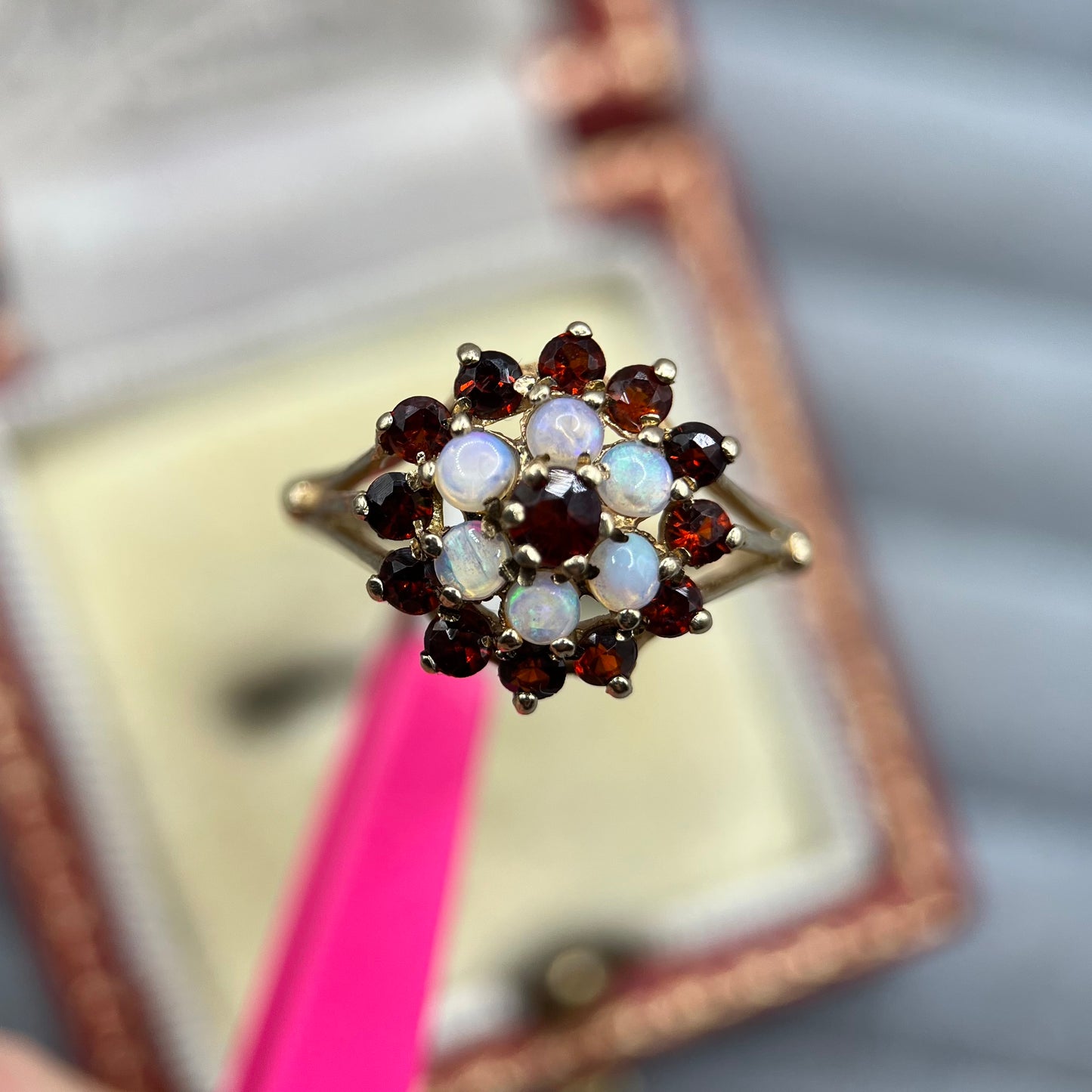 1980s Vintage 9ct Gold Garnet & Opal Cluster Ring