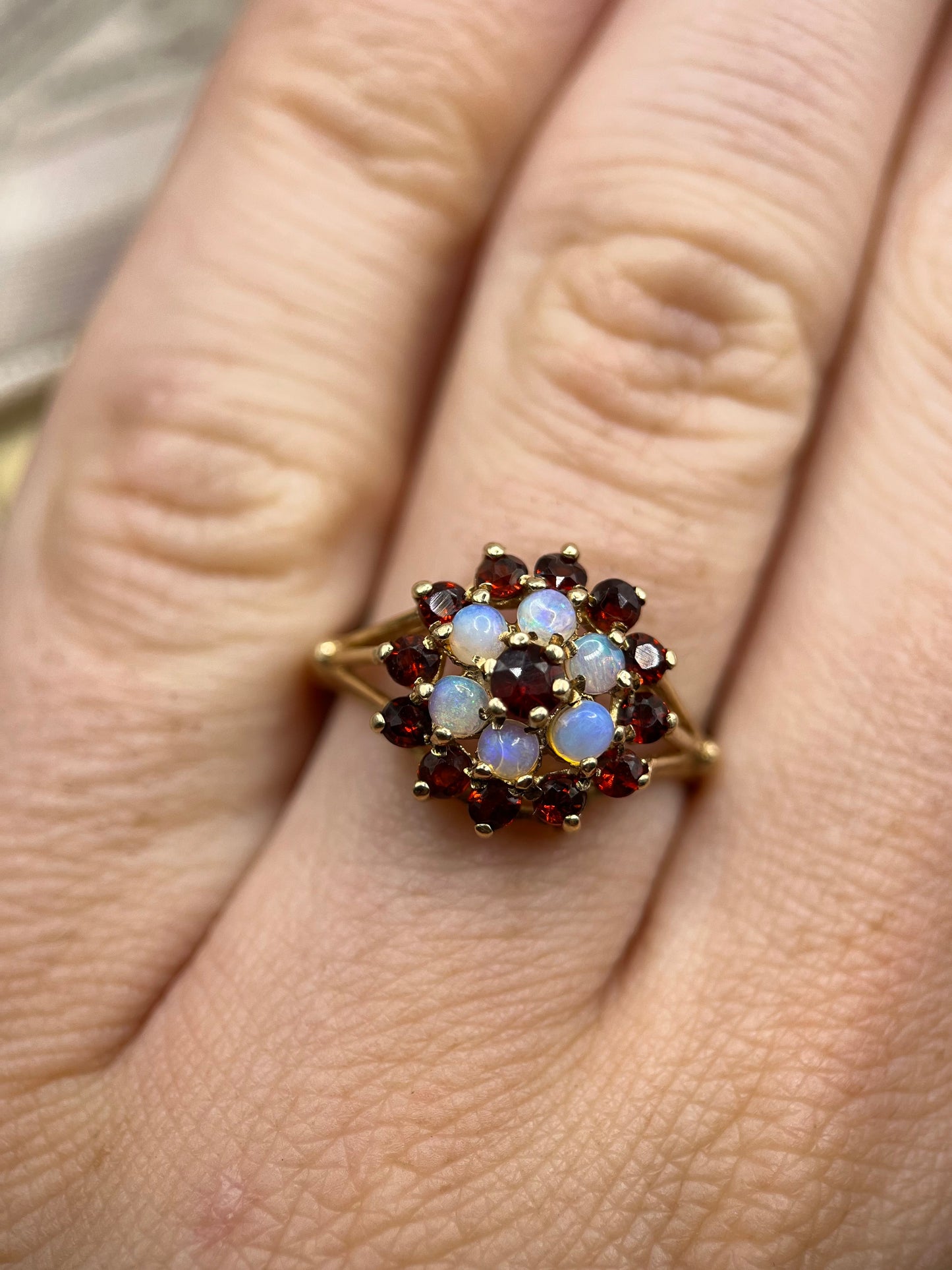 1980s Vintage 9ct Gold Garnet & Opal Cluster Ring