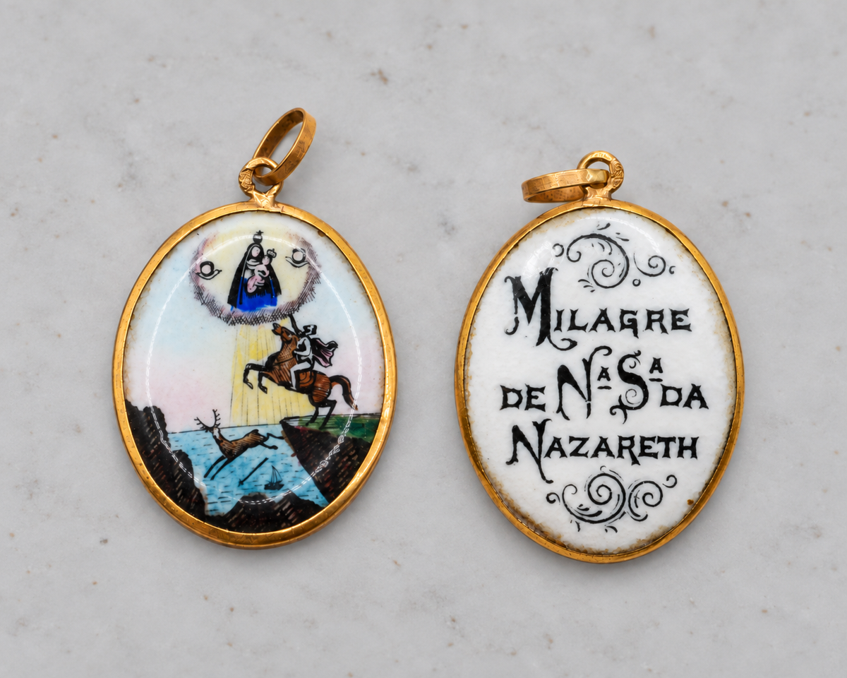 Portuguese 19.2ct Gold Enamel 'Our Lady of Nazaré' Pendant