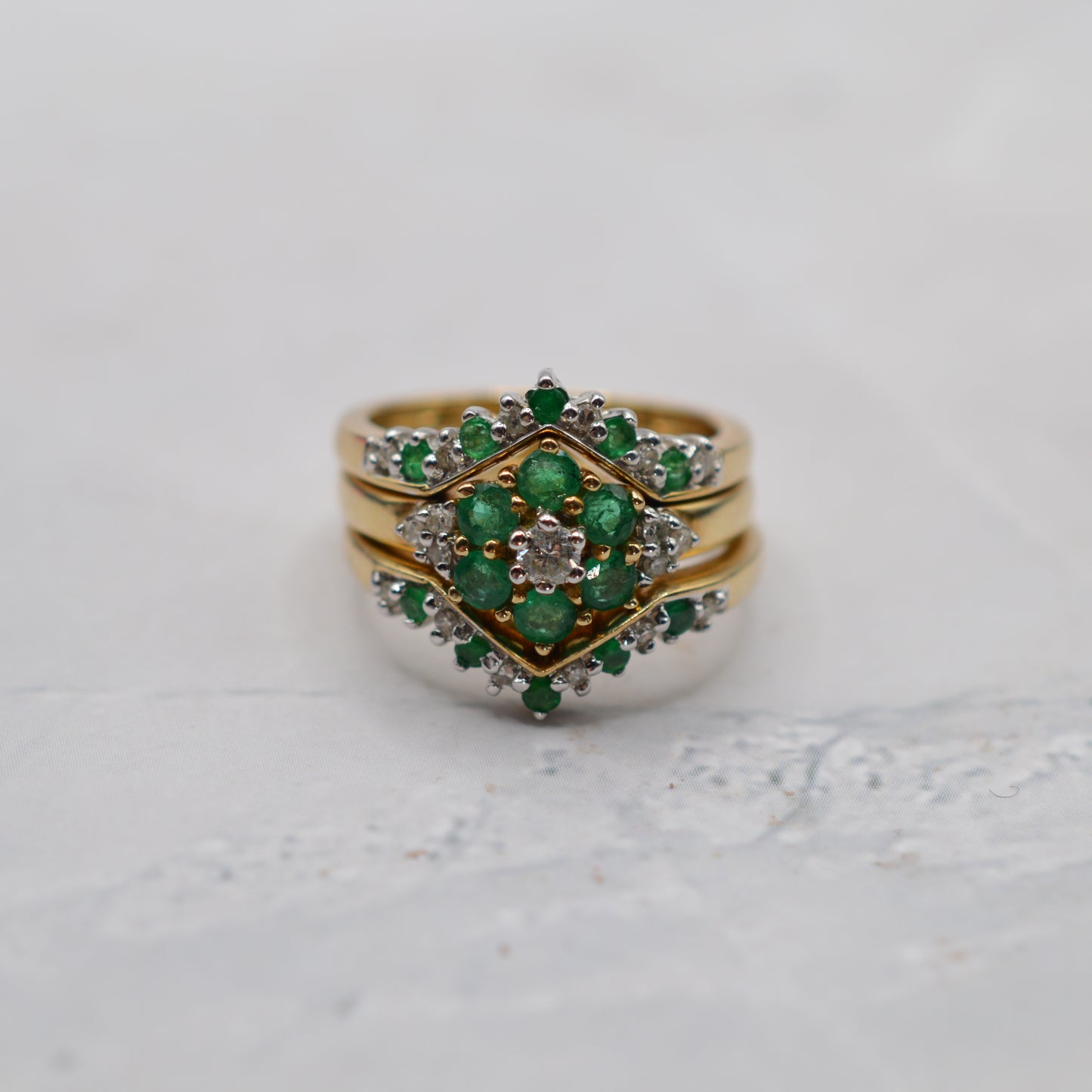 Stacking Set Y2K 9ct Gold Emerald & Diamond Wishbone & Cluster Rings
