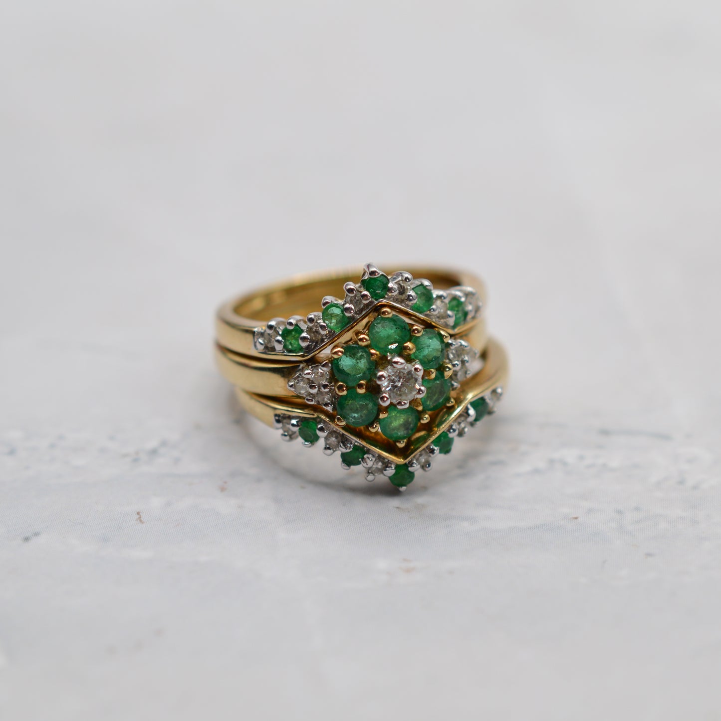 Stacking Set Y2K 9ct Gold Emerald & Diamond Wishbone & Cluster Rings