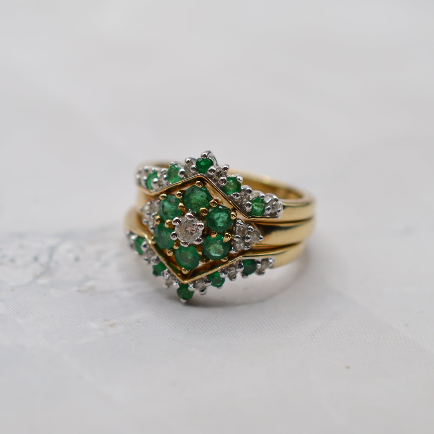 Stacking Set Y2K 9ct Gold Emerald & Diamond Wishbone & Cluster Rings