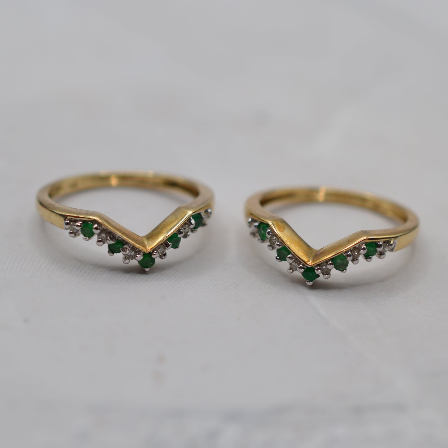 Stacking Set Y2K 9ct Gold Emerald & Diamond Wishbone & Cluster Rings