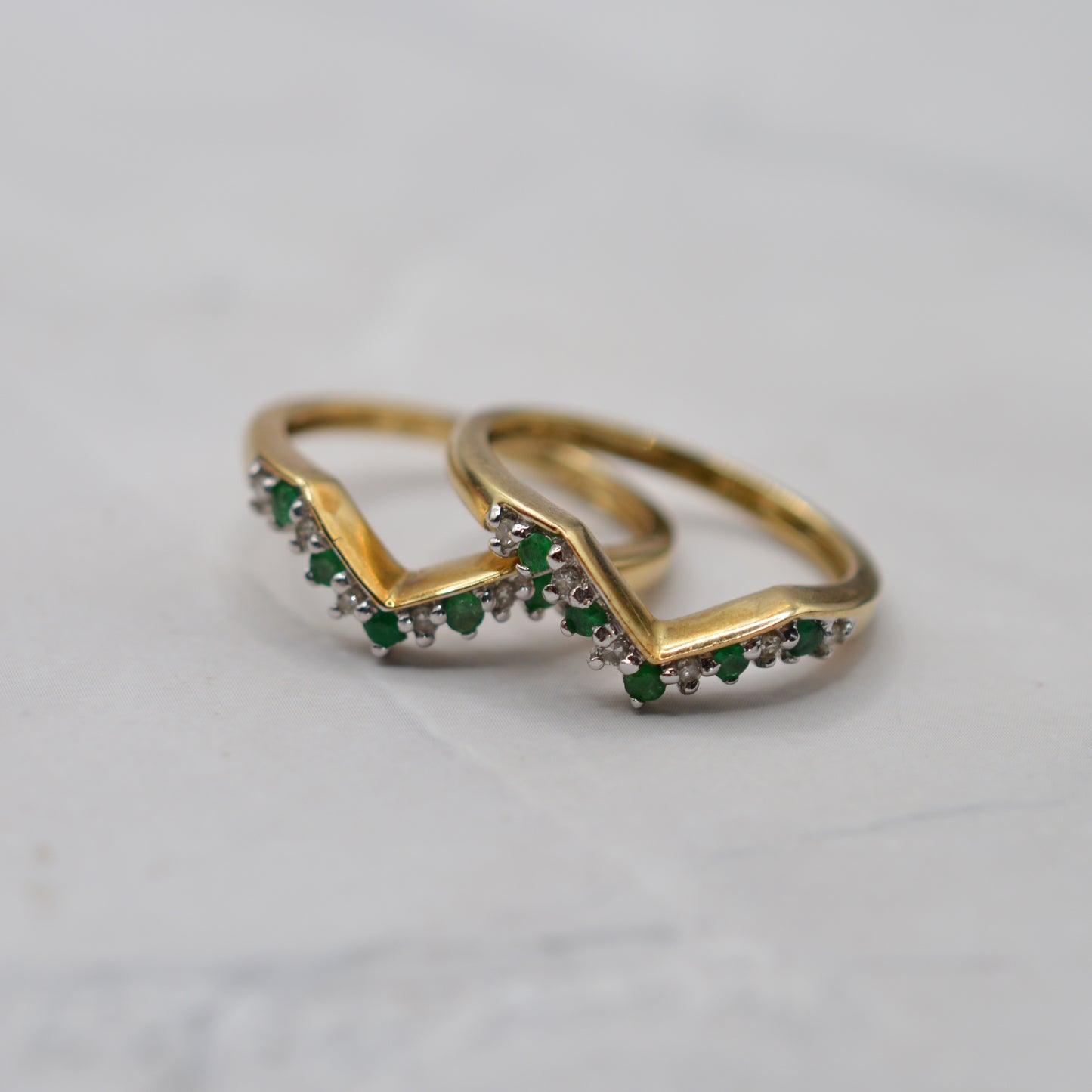 Stacking Set Y2K 9ct Gold Emerald & Diamond Wishbone & Cluster Rings