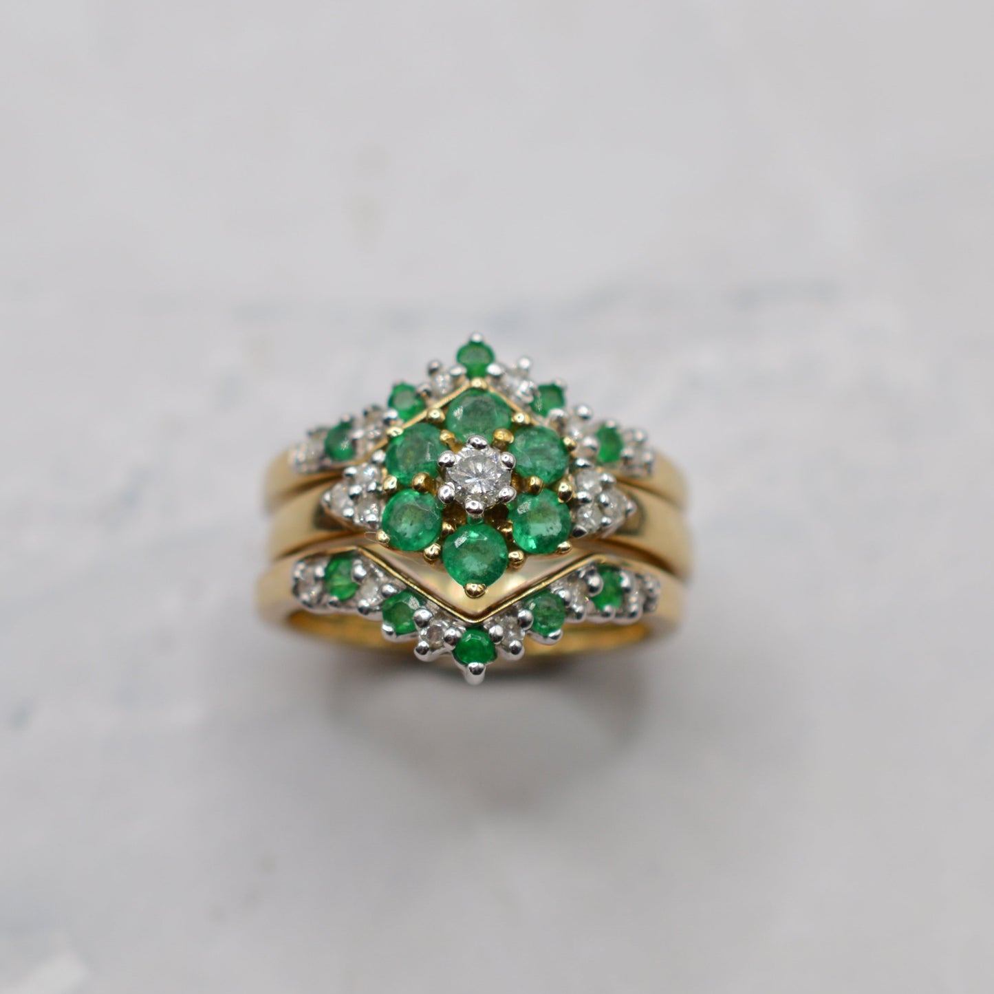 Stacking Set Y2K 9ct Gold Emerald & Diamond Wishbone & Cluster Rings