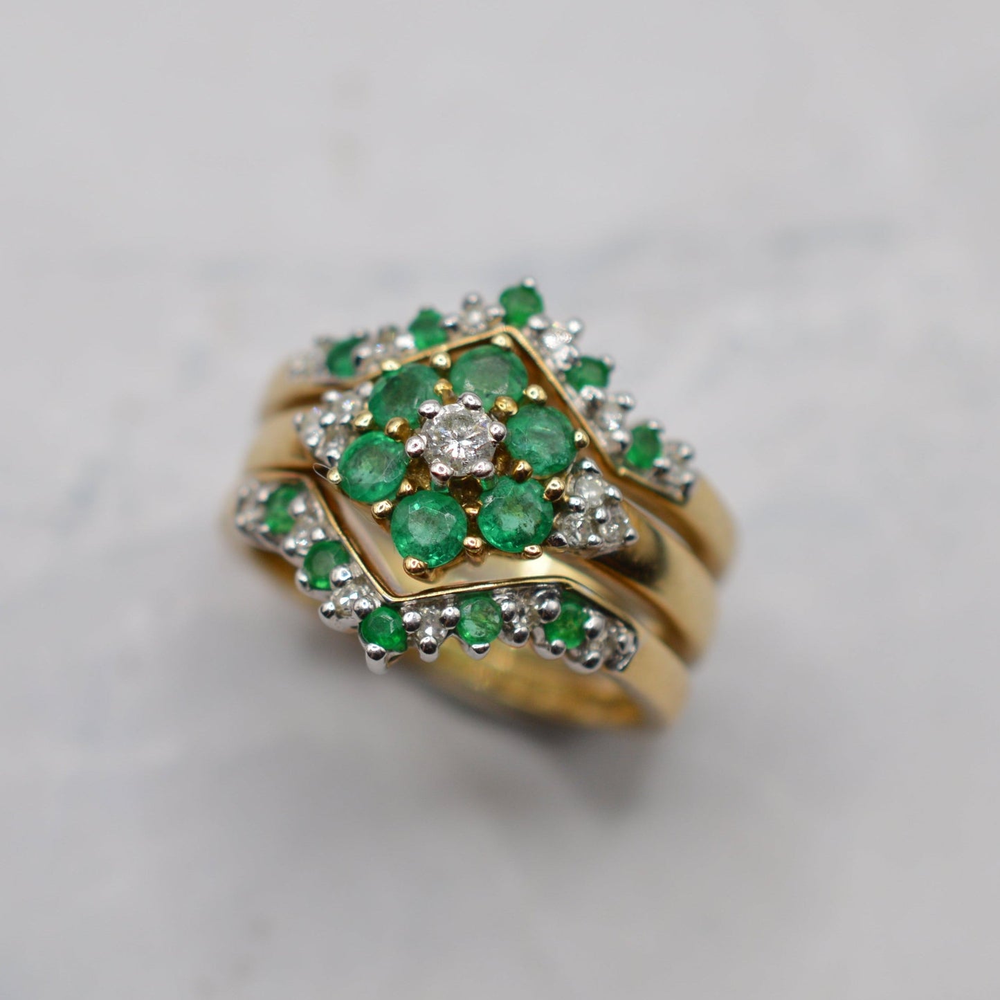 Stacking Set Y2K 9ct Gold Emerald & Diamond Wishbone & Cluster Rings