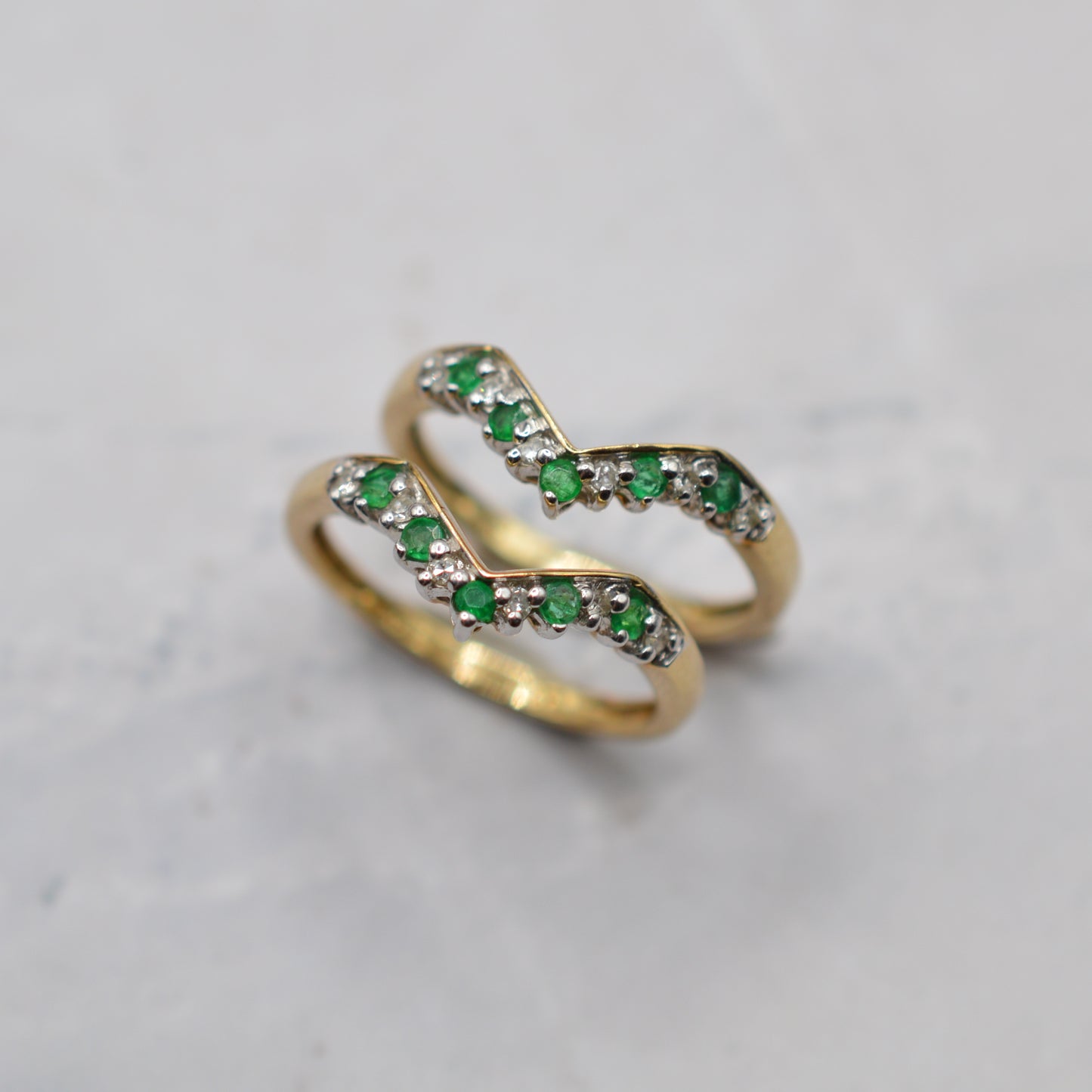 Stacking Set Y2K 9ct Gold Emerald & Diamond Wishbone & Cluster Rings