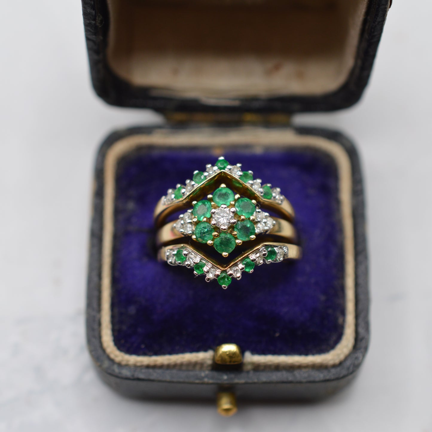 Stacking Set Y2K 9ct Gold Emerald & Diamond Wishbone & Cluster Rings