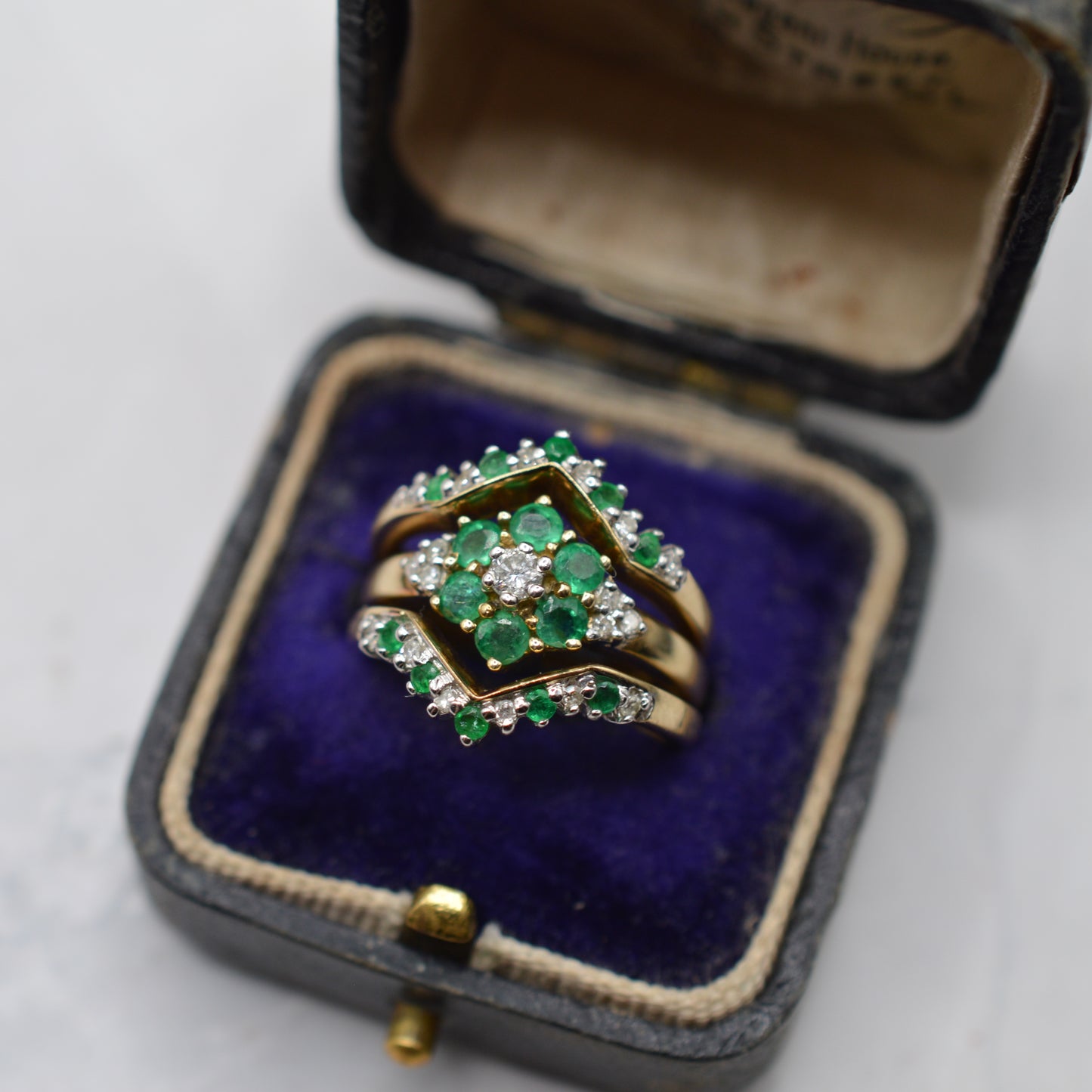 Stacking Set Y2K 9ct Gold Emerald & Diamond Wishbone & Cluster Rings