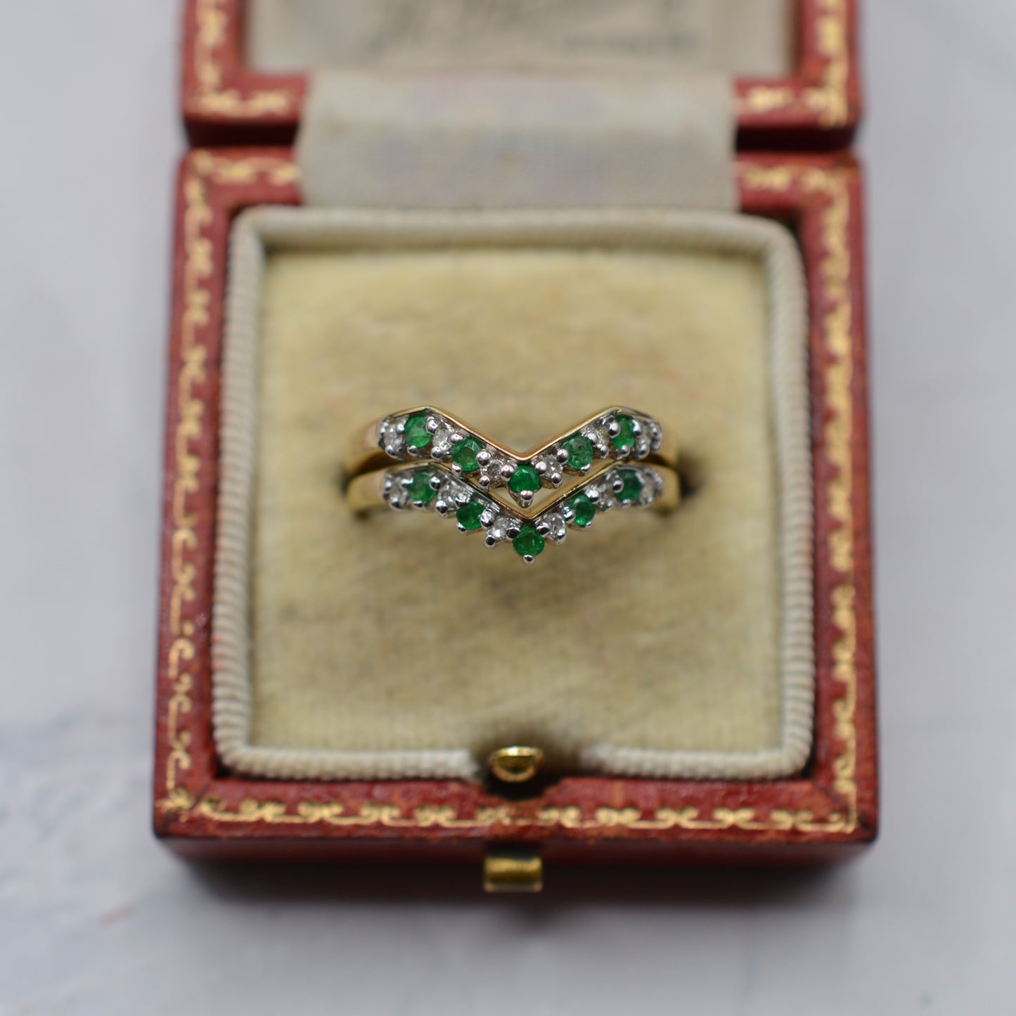 Stacking Set Y2K 9ct Gold Emerald & Diamond Wishbone & Cluster Rings
