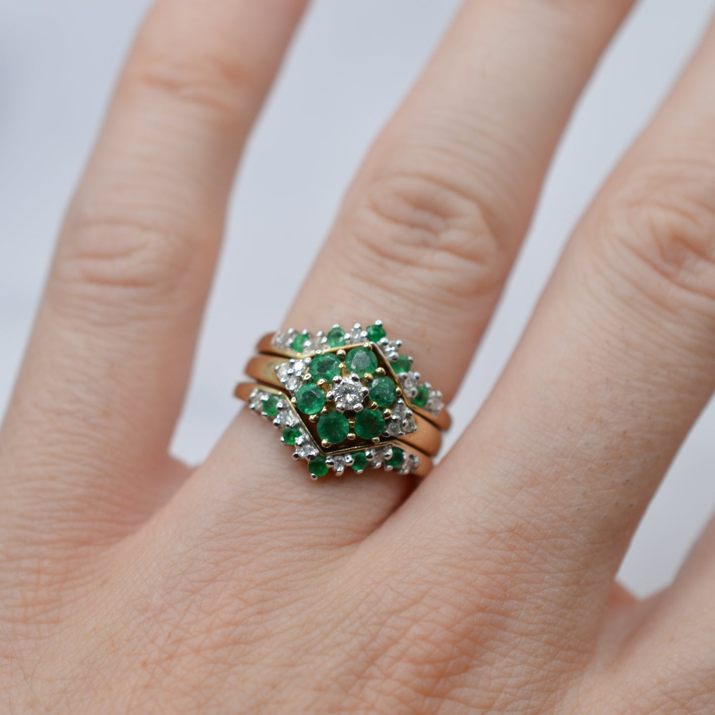 Stacking Set Y2K 9ct Gold Emerald & Diamond Wishbone & Cluster Rings