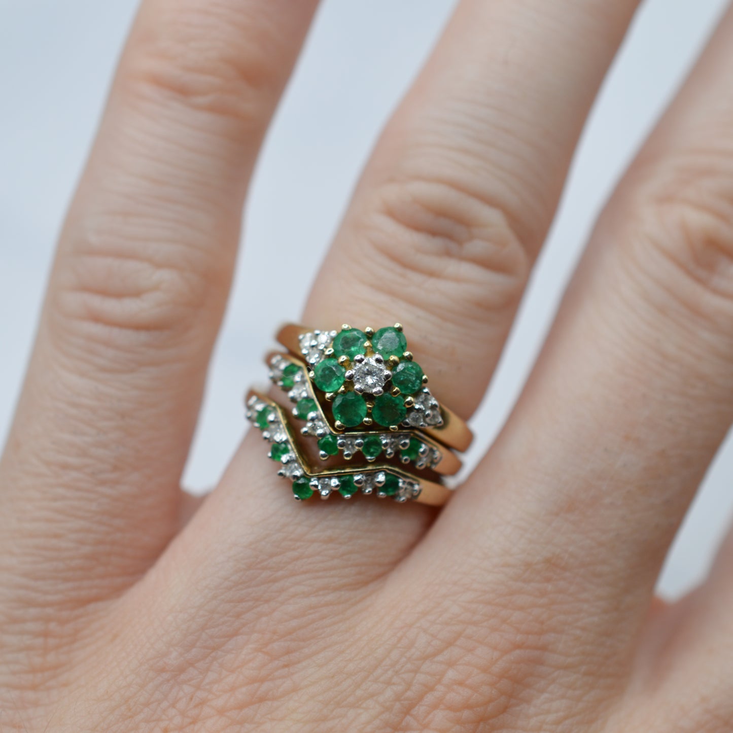 Stacking Set Y2K 9ct Gold Emerald & Diamond Wishbone & Cluster Rings
