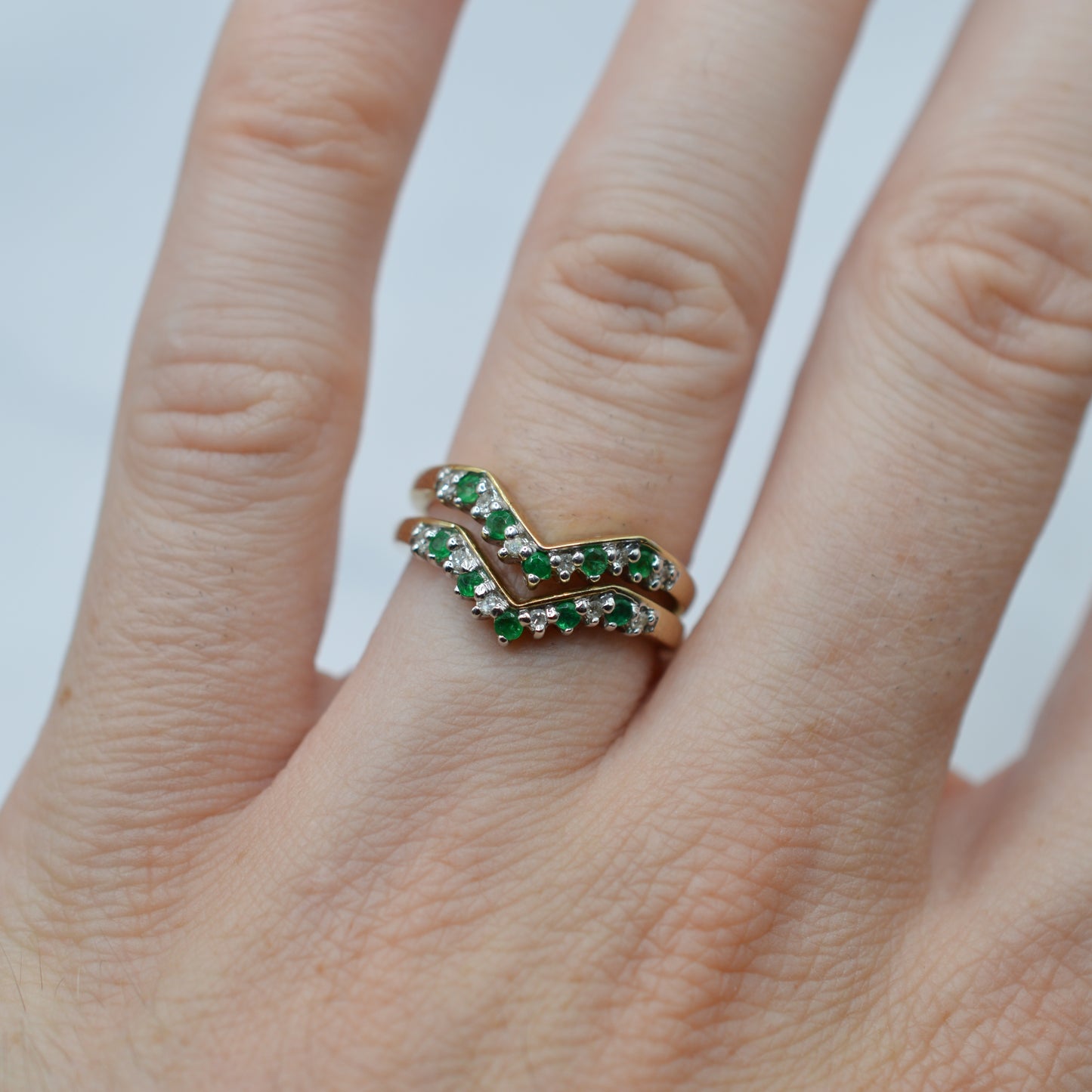 Stacking Set Y2K 9ct Gold Emerald & Diamond Wishbone & Cluster Rings